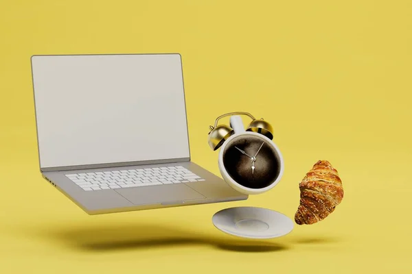 snack before work. a cup of coffee in the form of an alarm clock, a croissant and a laptop. 3D render.