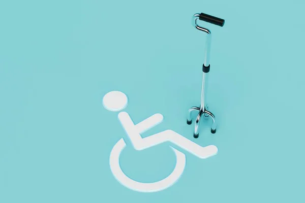Conceito Deficiência Desativado Uma Cadeira Rodas Pau Fundo Azul Renderização — Fotografia de Stock