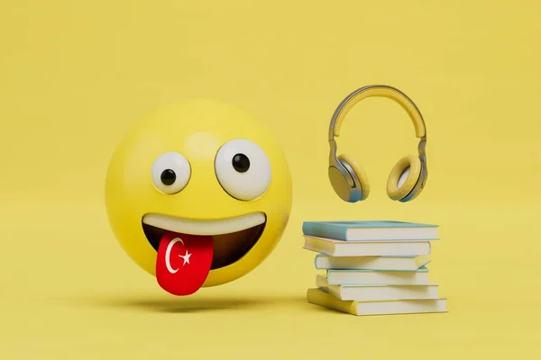 learning Turkish. books, headphones and a smiley face with a tongue in the form of a Turkish flag. 3D render.