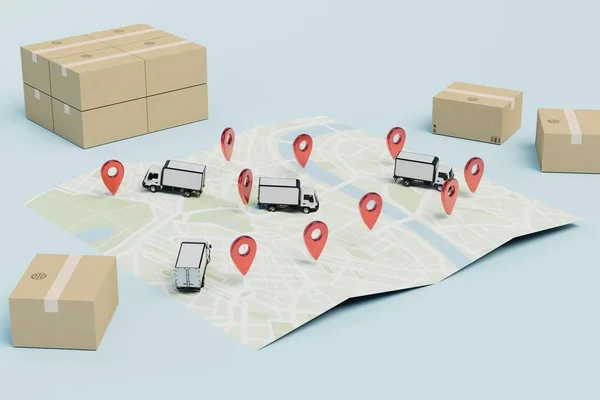 Adreslere büyük paket teslimatı. Paketli kutular, adres ve kamyonlarla dolu bir harita. 3 Boyutlu Hazırlama.