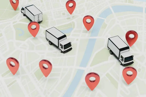 Bezorging Van Pakketten Het Adres Vrachtwagens Afleveradressen Stadsplattegrond Weergave — Stockfoto