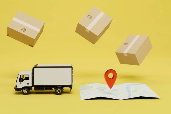 delivery of several parcels to the address. map with address, truck and parcels on a yellow background. 3D render.