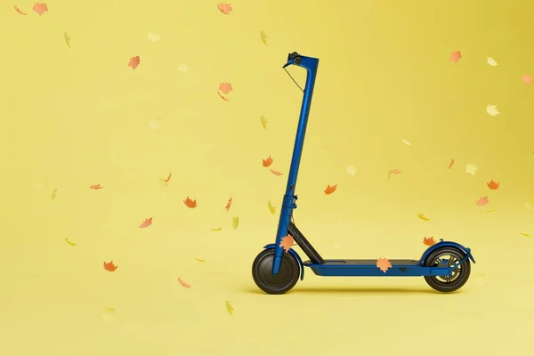 walking on an electric scooter. electric scooter and leaves flying on a yellow background. copy paste. 3D render.