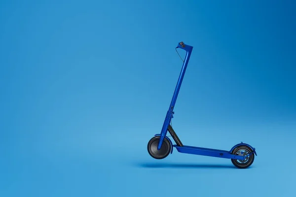 moving on an electric scooter. blue electric scooter on a blue background. copy paste, copy space. 3D render.