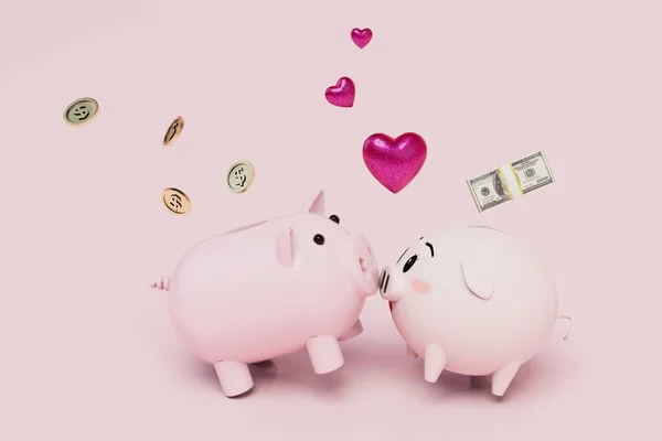 Společný Rozpočet Manželského Páru Líbání Prasátka Banky Mince Dolary Srdce — Stock fotografie