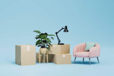 Yeni bir adrese nakledilecek eşyalar. Mavi arka plandaki kutulardaki şeyler. 3 Boyutlu Hazırlama.