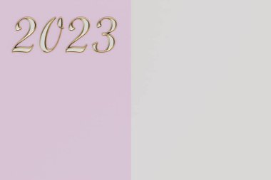 Soyut bir pastel ve beyaz arkaplan üzerinde altın rakamlar 2023 kopya yapıştırıcısı, kopyalama uzayı. 3 Boyutlu Hazırlama.