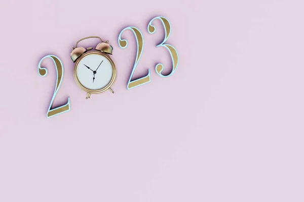 the expectation of 2023. the numbers 2023 and the alarm clock instead of the number 0 on a pastel background. 3D render.