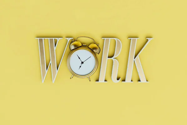 the concept of working time. The inscription works with an alarm clock instead of the letter o. 3D render.