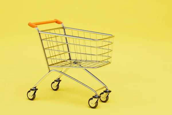 Conceito Compras Supermercado Carrinho Comida Vazio Fundo Amarelo Renderização — Fotografia de Stock