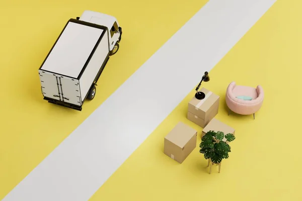 moving services. Sad and boxes with things on a yellow background and a white stripe for text. 3D render.