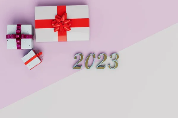 Receiving Gifts New Year 2023 Boxes Red Bows Inscription 2023 — Stock Photo, Image