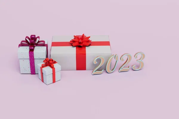 Cadeaux Pour Nouvelle Année 2023 Boîtes Cadeaux Avec Des Arcs — Photo