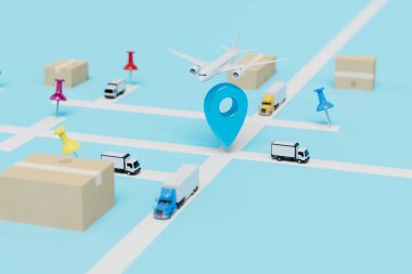Kamyon ve uçakla paket teslimatı. Haritada GPS noktalı uçak, kamyon ve paketler var. 3 Boyutlu Hazırlama.