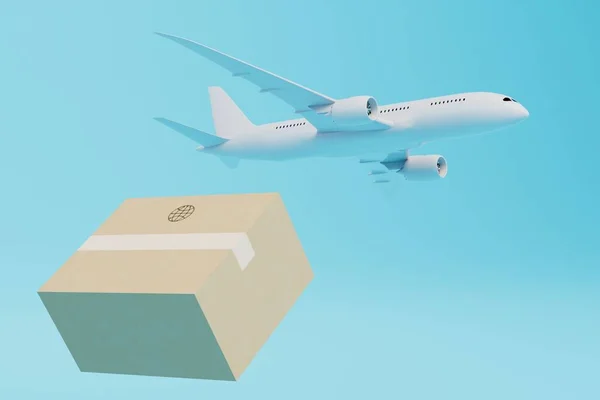 delivery of parcels around the world by plane. a flying plane and a box with a parcel on a blue background. 3D render.