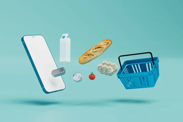 Ürünler için ödemeyi akıllı telefondan yapın. Akıllı telefon, sepet ve turkuaz arka plandaki ürünler. 3 Boyutlu Hazırlama.