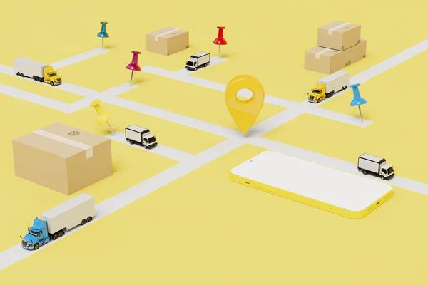 online order of parcel delivery. smartphone, parcels and trucks on the map with designated GPS points. 3D render.