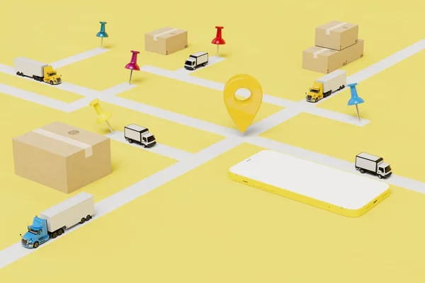 Çevrimiçi paket teslimatı. Haritada akıllı telefon, paket ve GPS noktalı kamyonlar var. 3 Boyutlu Hazırlama.