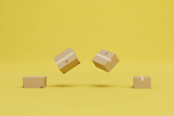 Доставка посылок по всему миру. коробки посылок, летящих на желтом фоне. 3D рендеринг.
