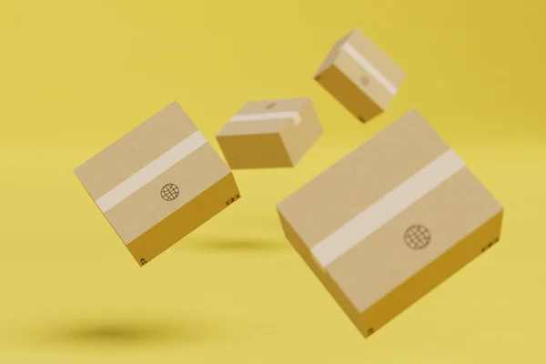 sending parcels all over the world. boxes with parcels flying on a yellow background. 3D render.