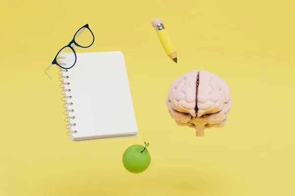 Concept Active Learning Brain Pencil Apple Glasses Notepad Yellow Background — Stock Photo, Image
