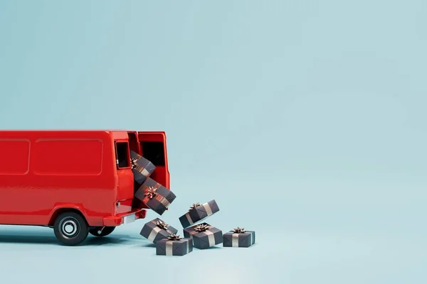Serviço Entrega Encomendas Caminhão Vermelho Partir Qual Caixas Presente São — Fotografia de Stock