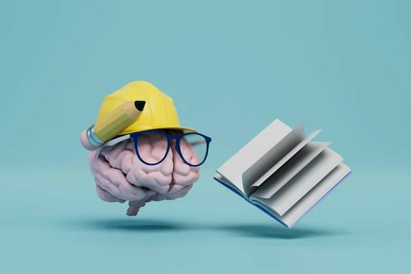 development of the construction project. a brain in glasses and in a construction helmet and a notebook. 3D render.