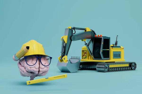 preparation of the site for construction. a brain with a construction level next to the excavator. 3D render.