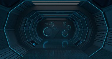 Arka planda dairesel kilidi olan kapalı bir kapısı olan mavi ışıklı bir uzay gemisinin karanlık koridorunun ön görüntüsü. 3B Görüntü