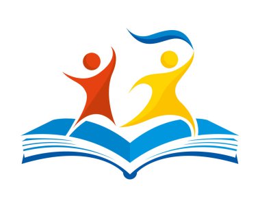 Eğitim konsepti. Sarı, mavi ve kırmızı renkli açık bir kitabın üzerinde koşan iki kişinin soyut çizimi. Vektör resmi