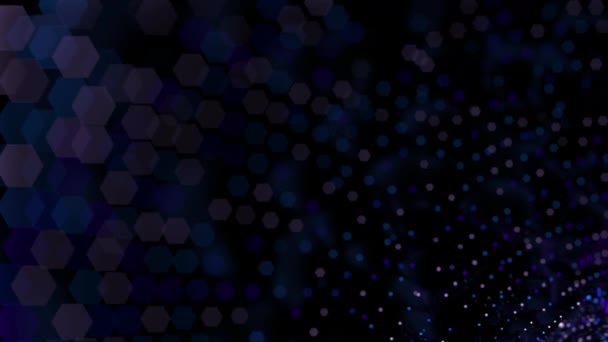 Bokeh背景 蓝光和紫光呈六边形 黑色背景上有圆形运动 3D动画 — 图库视频影像