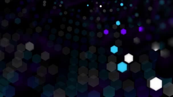 Bokeh背景 蓝光和紫光呈六边形 黑色背景上有圆形运动 3D动画 — 图库视频影像