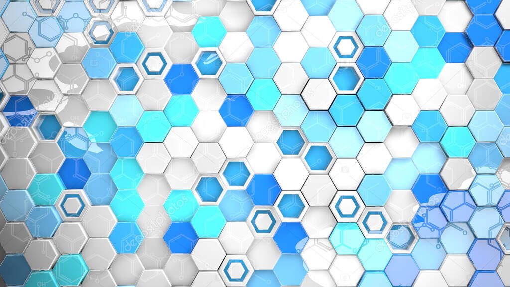 Structure background of blue, cyan and white reflective hexagons in random position reflecting a chemical formula. 3D Illustration