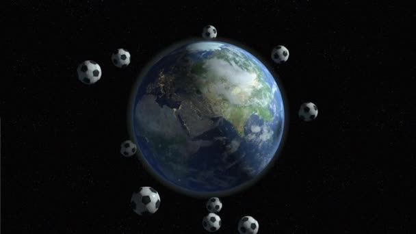 Group Soccer Balls Orbiting Planet Earth While Spinning Star Filled — Stock Video