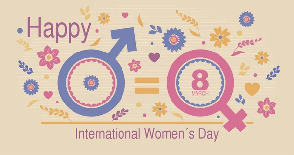 Tarjeta Felicitación Del Día Mujer Internacional Símbolos Igualdad Hombre Con — Vector de stock