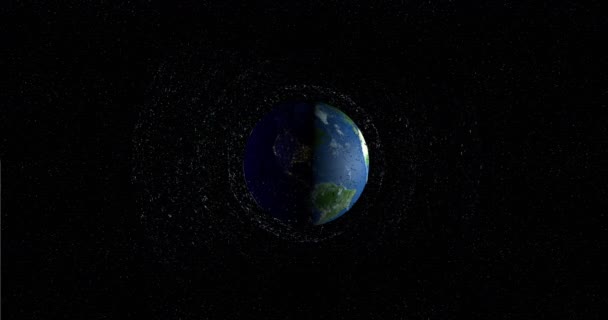 Panoramisch Uitzicht Ruimteschroot Drijvend Baan Van Planeet Aarde Oude Satellieten — Stockvideo