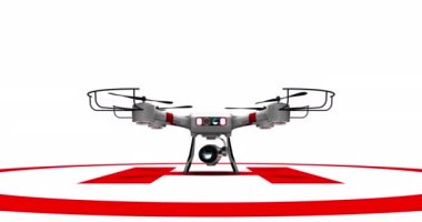 Beyaz zemin üzerinde beyaz bir yüzeye çıkmadan önce kamera stabilizatörü ile donatılmış 4 pervaneli dron. 3B Canlandırma