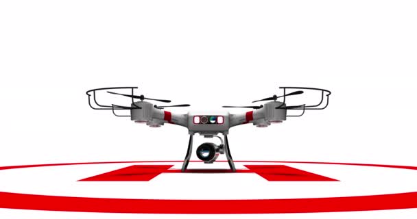 ホワイトを背景に白い表面を離陸する前に カメラ安定性試験カメラの動きを装備した4プロペラドローン 3Dアニメーション — ストック動画