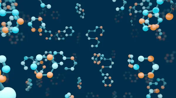 Skupina Molekul Šestiúhelníkovou Strukturou Modrými Oranžovými Kuličkami Plovoucími Náhodně Tmavomodrém — Stock fotografie