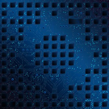 Koyu mavi arka planda mavi çizgilerle birbirine bağlı birkaç kare çipli karmaşık devre kartı. Vektör resmi
