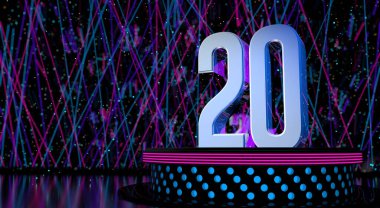 Yuvarlak bir sahnede 20 numara yansıtıcı. Mavi ve morumsu ışıklar. Arka planda lazer ışıkları ve beyaz kutlama kıvılcımları var. 3B Görüntü
