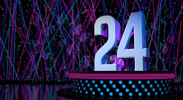 24号固体数字在圆形舞台上反射 蓝色和洋红色的灯光 背景上的激光灯和白色的庆祝火花与文字空间的分散焦点 3D说明 — 图库照片