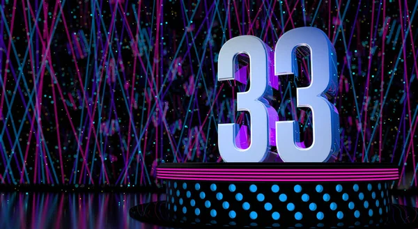 第33号固体数字在圆形舞台上反射 蓝色和洋红色的灯光 背景不聚焦激光和白色的庆祝火花和文字空间 3D说明 — 图库照片