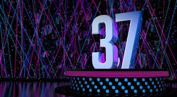 第37号固体数字在圆形舞台上反射 蓝色和洋红色的灯光 背景上的激光灯和白色的庆祝火花与文字空间的分散焦点 3D说明 — 图库照片