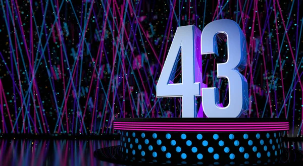 レーザー光と白の火花を背景にした青とマゼンタのライトでラウンドステージに反射する固体番号43文字のためのお祝いとスペースの 3Dイラスト — ストック写真