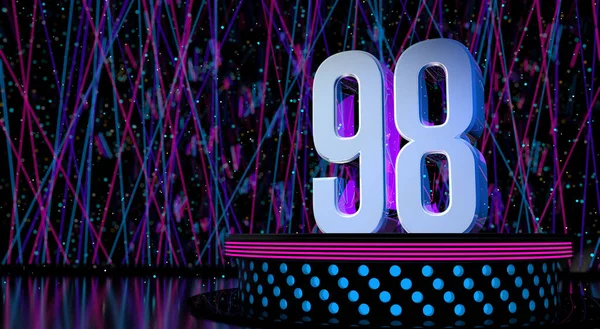 第98号固体数字在圆形舞台上反射 蓝色和洋红色的灯光 背景上的激光和白色的庆祝火花与文字空间的分散焦点 3D说明 — 图库照片