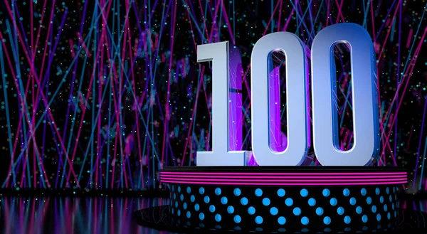 Solid Número 100 Reflectante Escenario Redondo Con Luces Azules Magenta —  Fotos de Stock