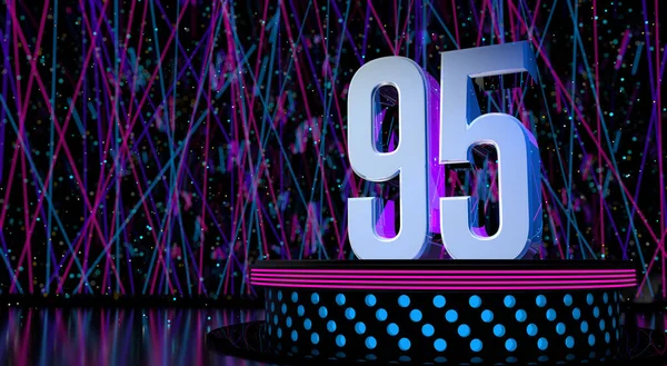 第95号固体数字在圆形舞台上反射 蓝色和洋红色的灯光 背景不聚焦激光和白色的庆祝火花和文字空间 3D说明 — 图库照片