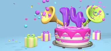 Pembe doğum günü pastası, kalın mor 14 numaralı ve metalik plaka üzerindeki mumlar boynuzlu hediye kutularıyla çevrili ve pastel mavi arka planda konfeti ve küreler fırlatıyorlar. 3B Görüntü