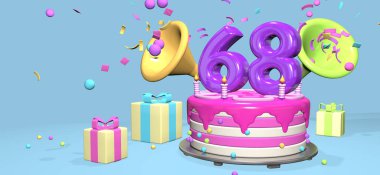 Pembe doğum günü pastası, kalın mor 68 numaralı ve metalik plaka üzerindeki mumlar boynuzlu hediye kutularıyla çevrili ve pastel mavi arka planda konfeti ve küreler fırlatıyorlar. 3B Görüntü